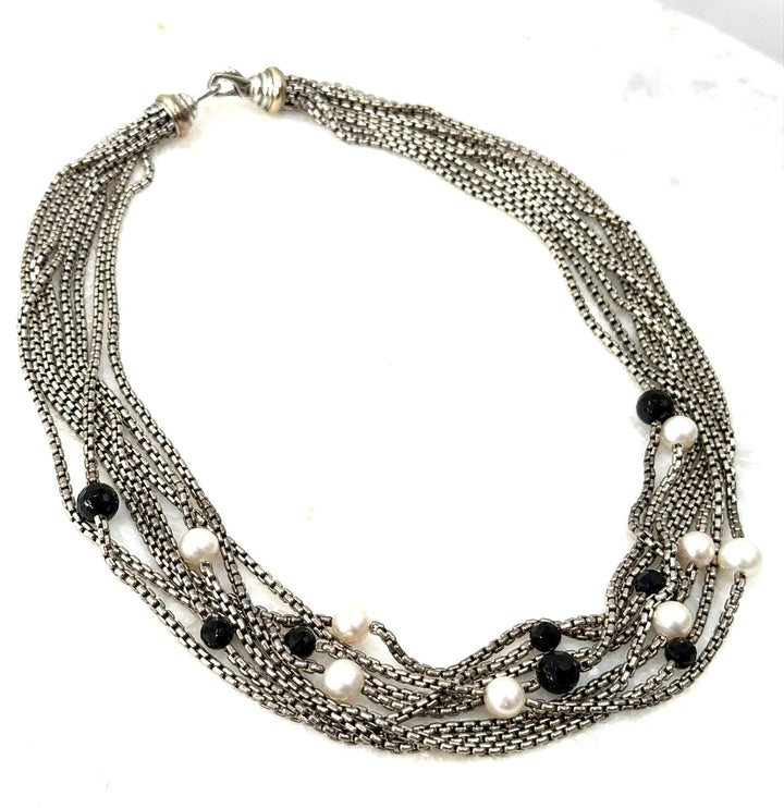 DY STERLING SILVER 18K GOLD MULTI-STRAND PEARL &amp; ONYX BEAD NECKLACE
