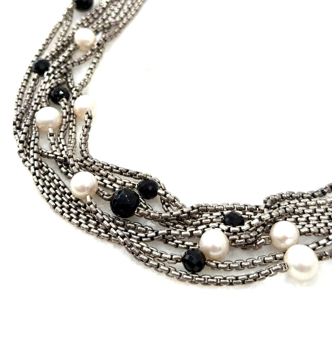 DY STERLING SILVER 18K GOLD MULTI-STRAND PEARL &amp; ONYX BEAD NECKLACE