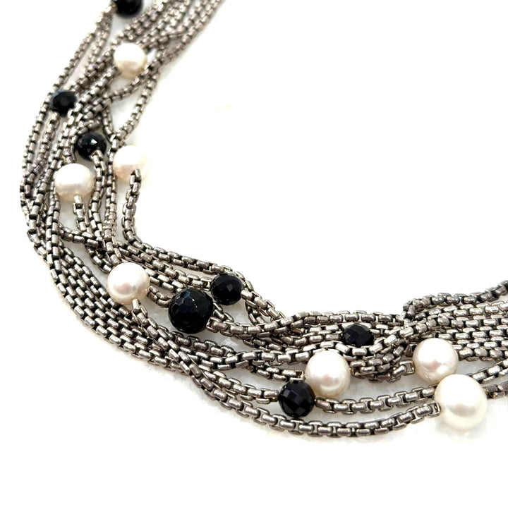 DY STERLING SILVER 18K GOLD MULTI-STRAND PEARL &amp; ONYX BEAD NECKLACE