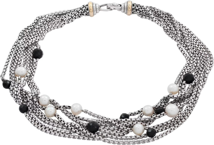 DY STERLING SILVER 18K GOLD MULTI-STRAND PEARL &amp; ONYX BEAD NECKLACE