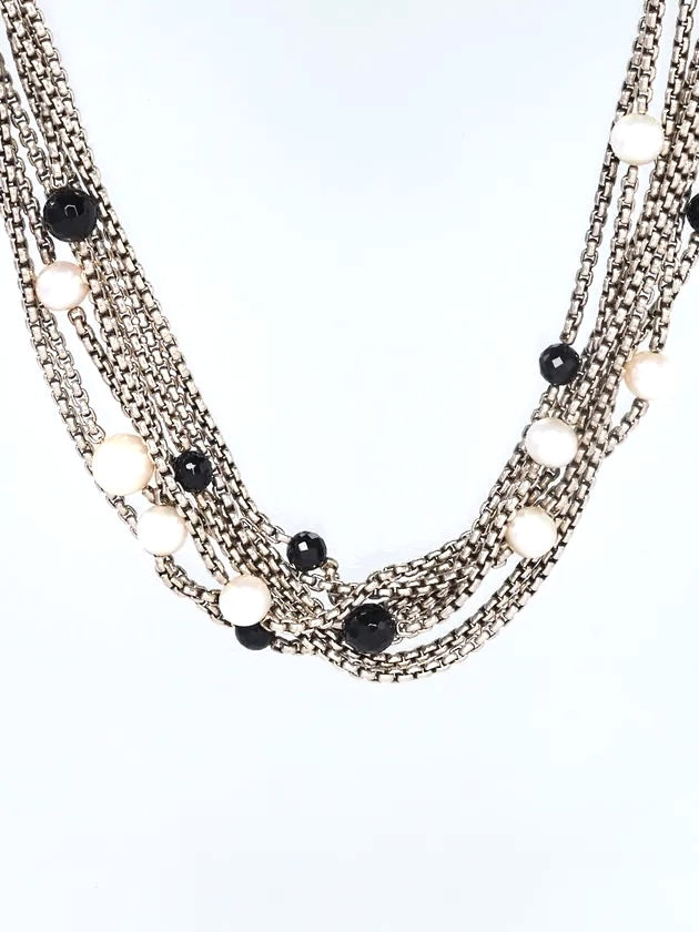 DY STERLING SILVER 18K GOLD MULTI-STRAND PEARL &amp; ONYX BEAD NECKLACE