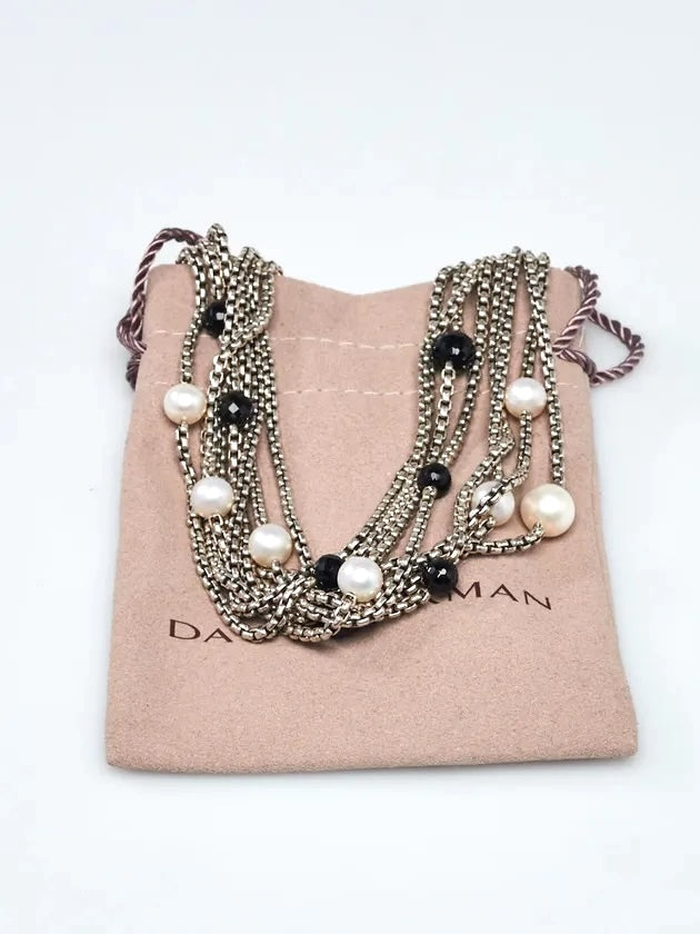 DY STERLING SILVER 18K GOLD MULTI-STRAND PEARL &amp; ONYX BEAD NECKLACE
