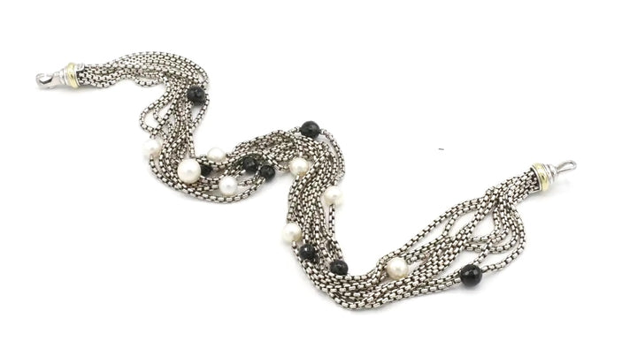 DY STERLING SILVER 18K GOLD MULTI-STRAND PEARL &amp; ONYX BEAD NECKLACE