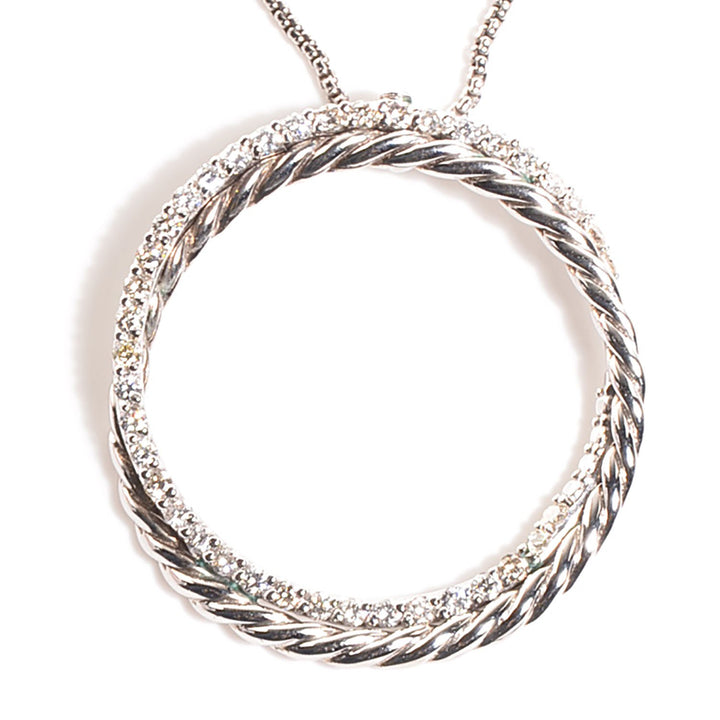 DY STERLING SILVER 14K WHITE GOLD DIAMOND CROSSOVER CIRCLE PENDANT NECKLACE