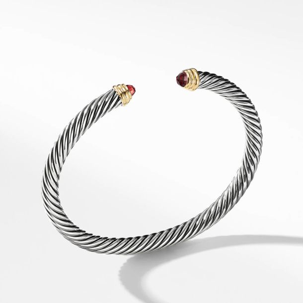 DY CLASSIC CABLE STERLING SILVER 14K GOLD &amp; GARNET BRACELET
