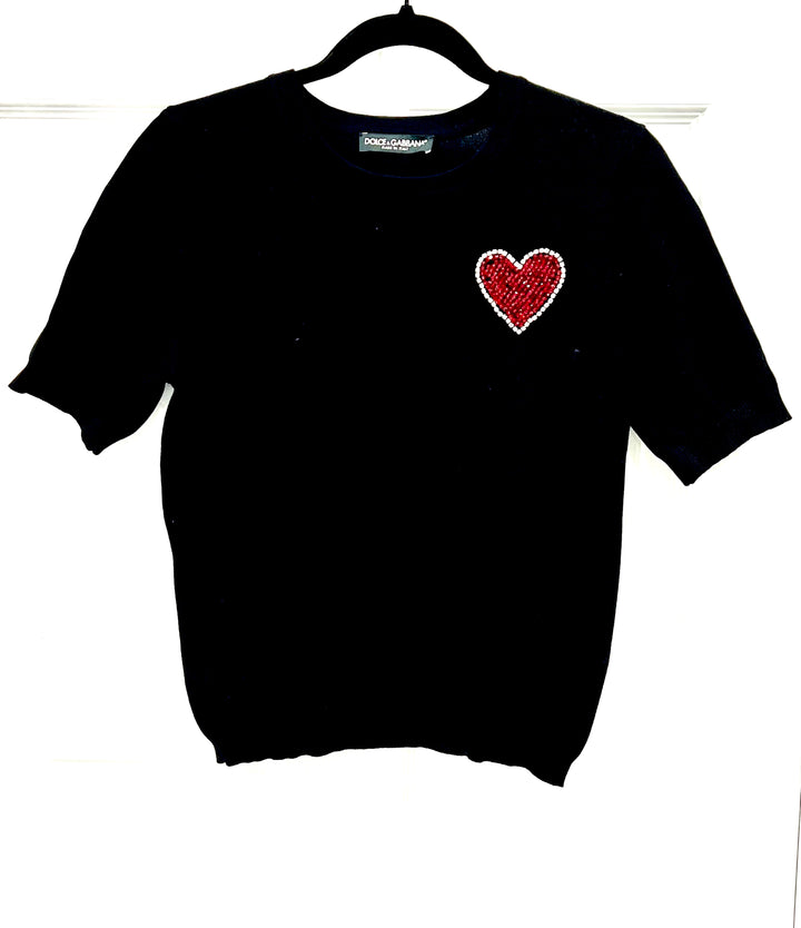 DOLCE &amp; GABBANA CRYSTL HEART SHORT SLEEVE KNIT SWEATER