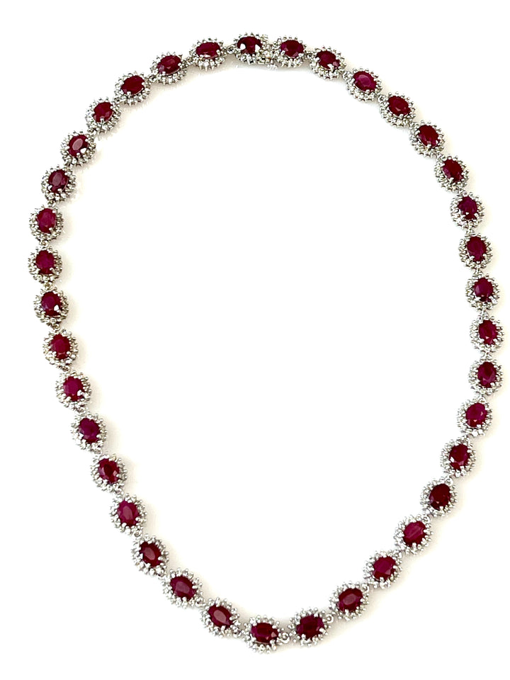 DIAMOND AND OVAL RUBY 14K WHITE GOLD NECKLACE