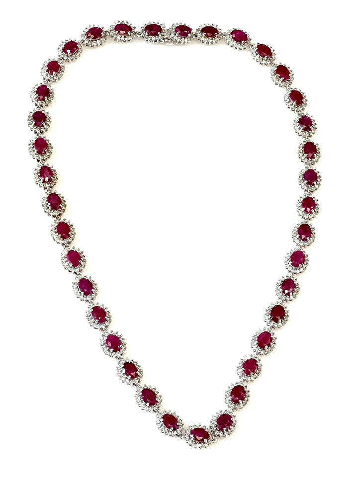 DIAMOND AND OVAL RUBY 14K WHITE GOLD NECKLACE