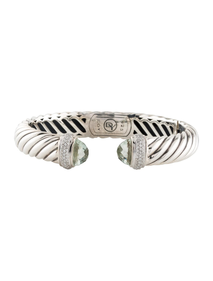 DAVID YURMAN SILVER PRASIOLITE &amp; DIAMOND 15MM WAVERLY CUFF BRACELET