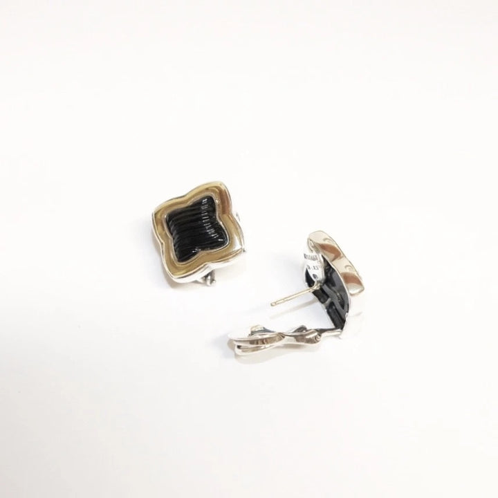 DY STERLING SILVER 18K GOLD BLACK ONYX QUATREFOIL EARRINGS