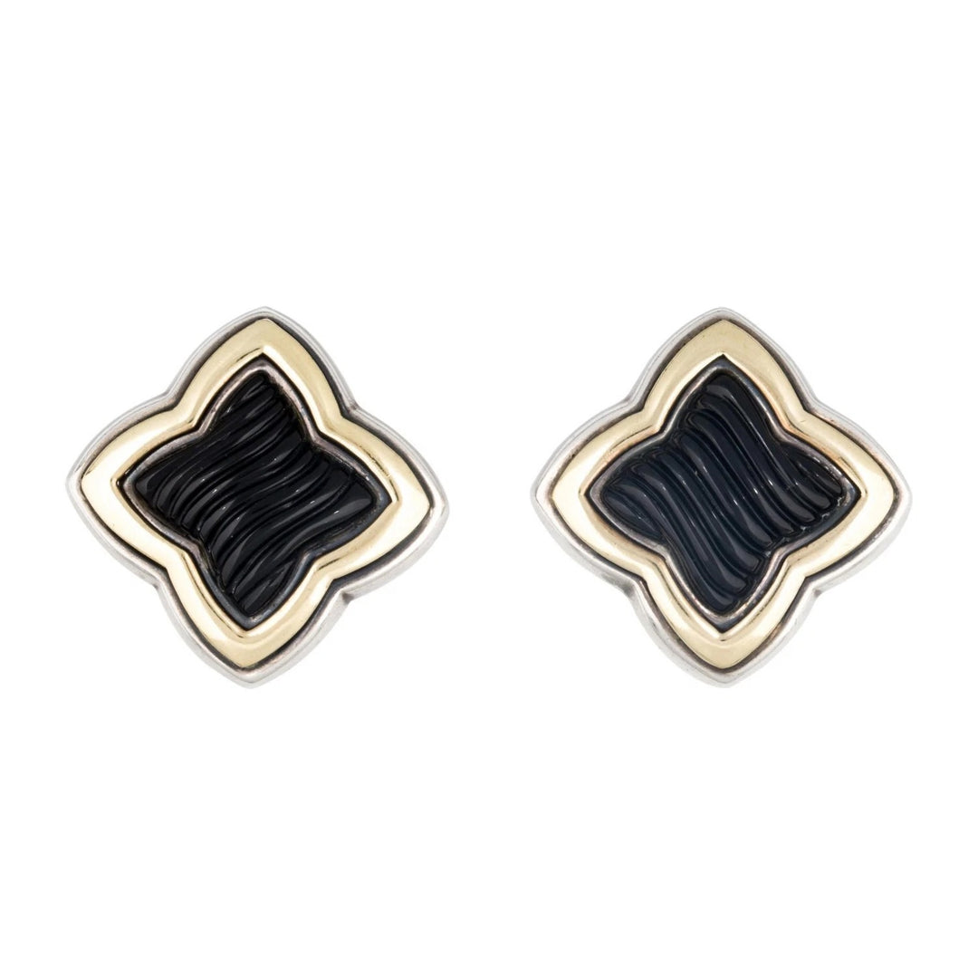 DY STERLING SILVER 18K GOLD BLACK ONYX QUATREFOIL EARRINGS