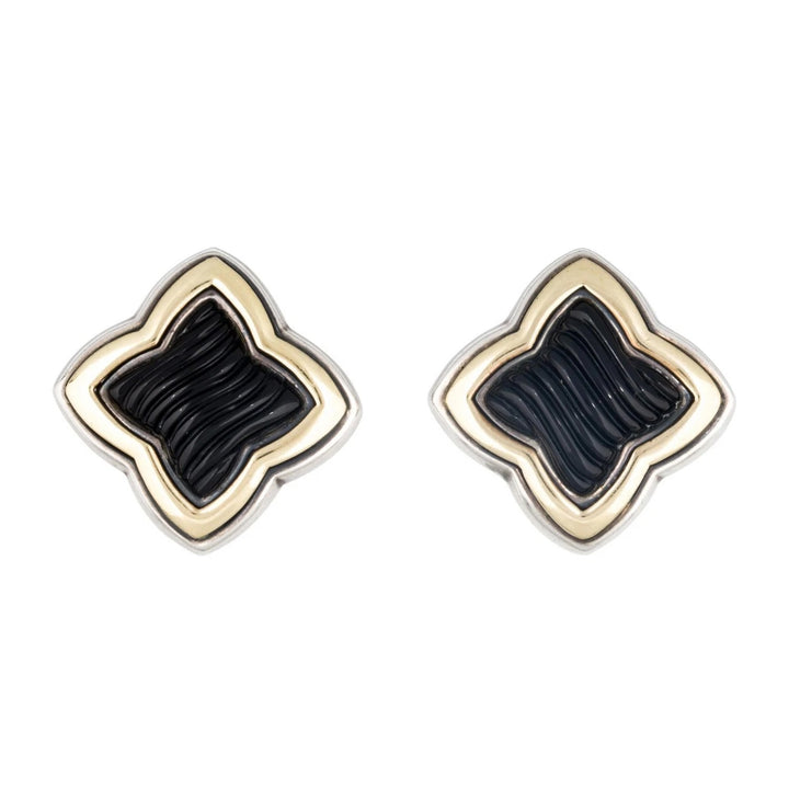 DY STERLING SILVER 18K GOLD BLACK ONYX QUATREFOIL EARRINGS
