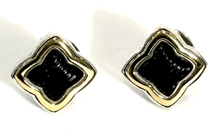 DY STERLING SILVER 18K GOLD BLACK ONYX QUATREFOIL EARRINGS