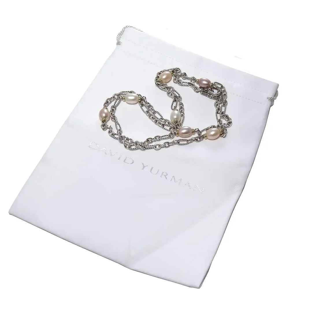 DY STERLING SILVER 18K GOLD PEARL FIGARO CHAIN NECKLACE