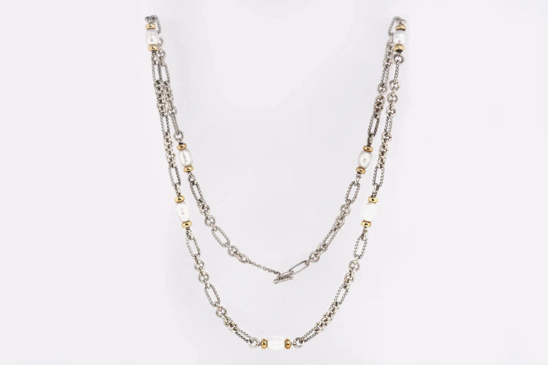 DY STERLING SILVER 18K GOLD PEARL FIGARO CHAIN NECKLACE