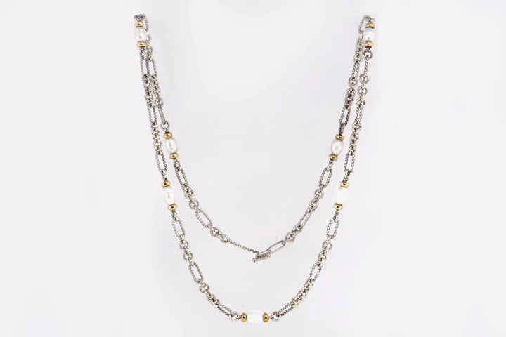 DY STERLING SILVER 18K GOLD PEARL FIGARO CHAIN NECKLACE
