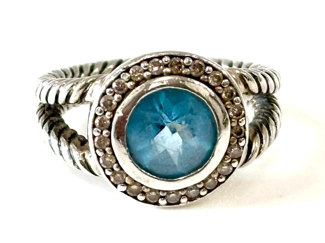 DAVID YURMAN STERLING SILVER BLUE TOPAZ &amp; DIAMOND PETITE CERISE RING