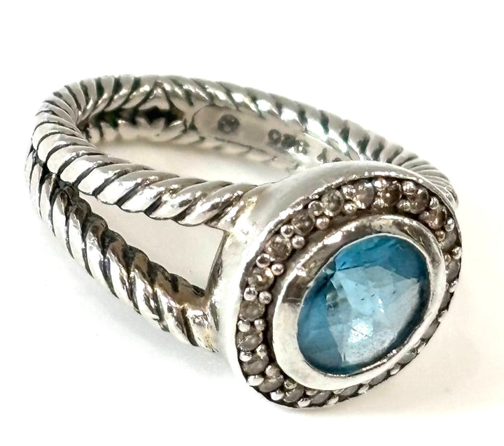 DAVID YURMAN STERLING SILVER BLUE TOPAZ &amp; DIAMOND PETITE CERISE RING
