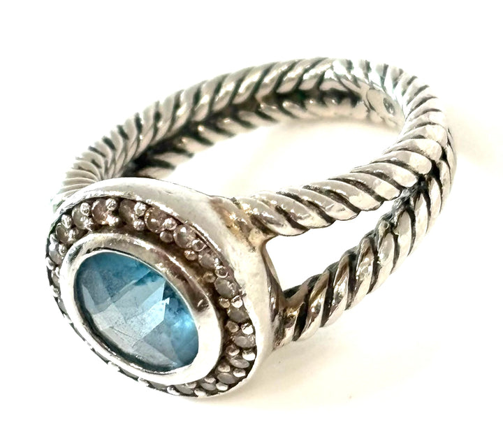 DAVID YURMAN STERLING SILVER BLUE TOPAZ &amp; DIAMOND PETITE CERISE RING
