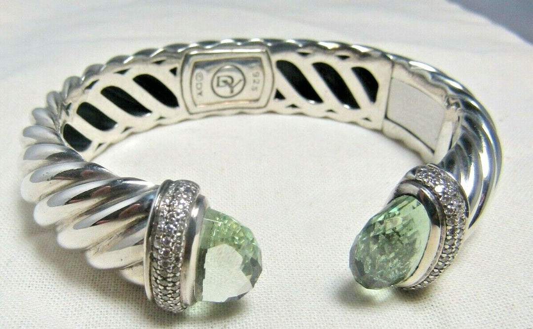 DAVID YURMAN SILVER PRASIOLITE &amp; DIAMOND 15MM WAVERLY CUFF BRACELET