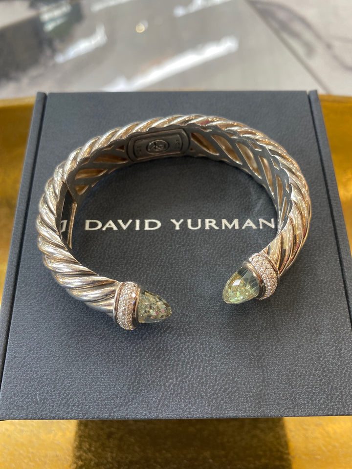 DAVID YURMAN SILVER PRASIOLITE &amp; DIAMOND 15MM WAVERLY CUFF BRACELET
