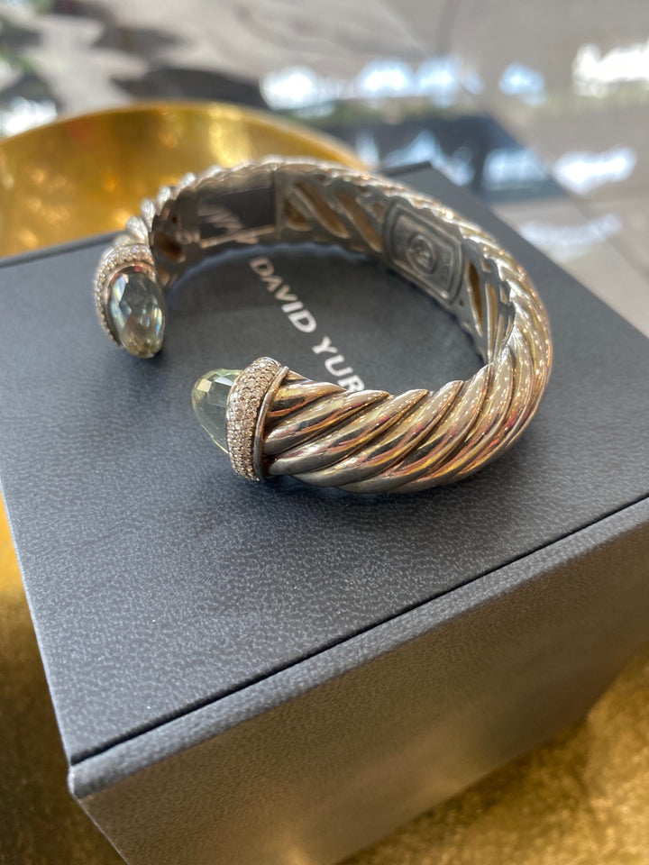 DAVID YURMAN SILVER PRASIOLITE &amp; DIAMOND 15MM WAVERLY CUFF BRACELET
