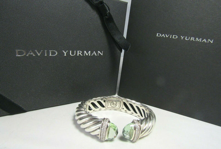 DAVID YURMAN SILVER PRASIOLITE &amp; DIAMOND 15MM WAVERLY CUFF BRACELET