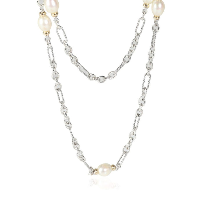 D.Y STERLING SILVER &amp; 18K GOLD FIGARO BAROQUE PEARL STATION LINK NECKLACE