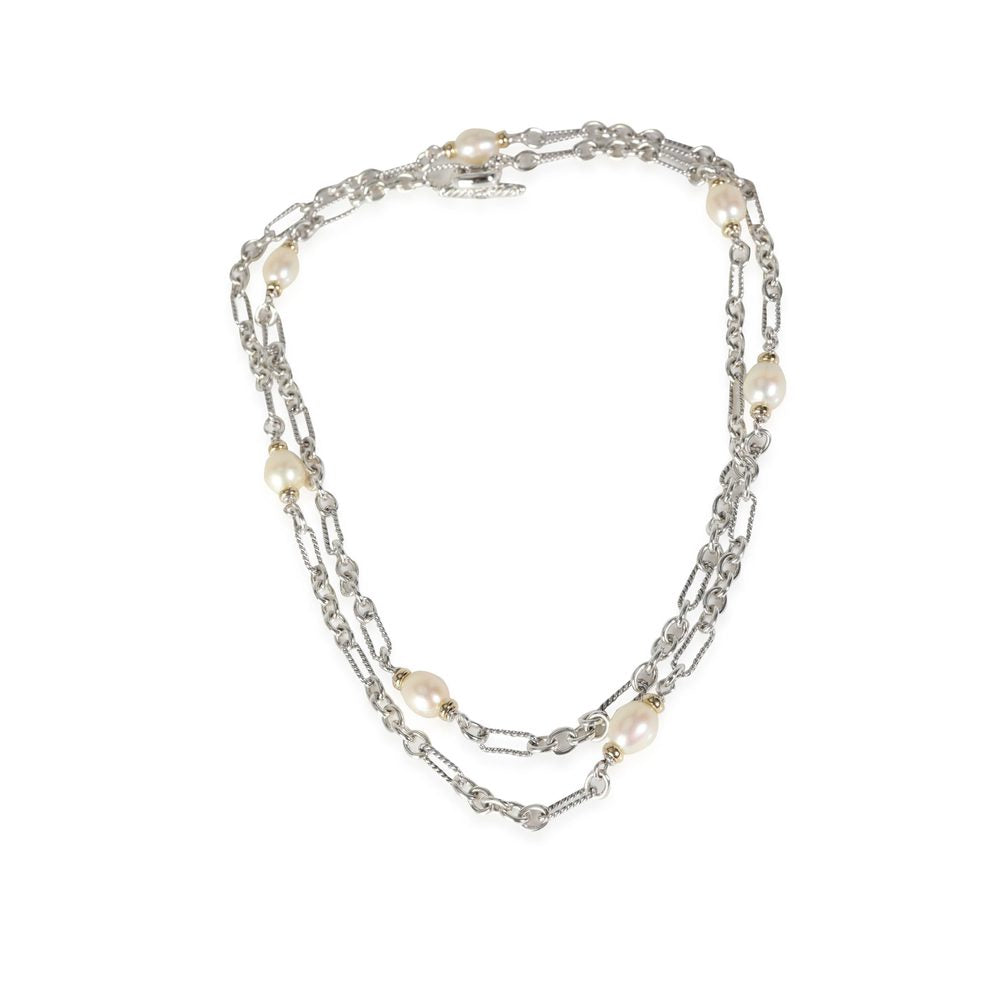 D.Y STERLING SILVER &amp; 18K GOLD FIGARO BAROQUE PEARL STATION LINK NECKLACE