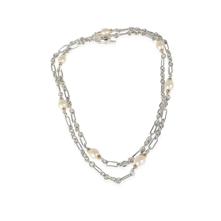 D.Y STERLING SILVER &amp; 18K GOLD FIGARO BAROQUE PEARL STATION LINK NECKLACE