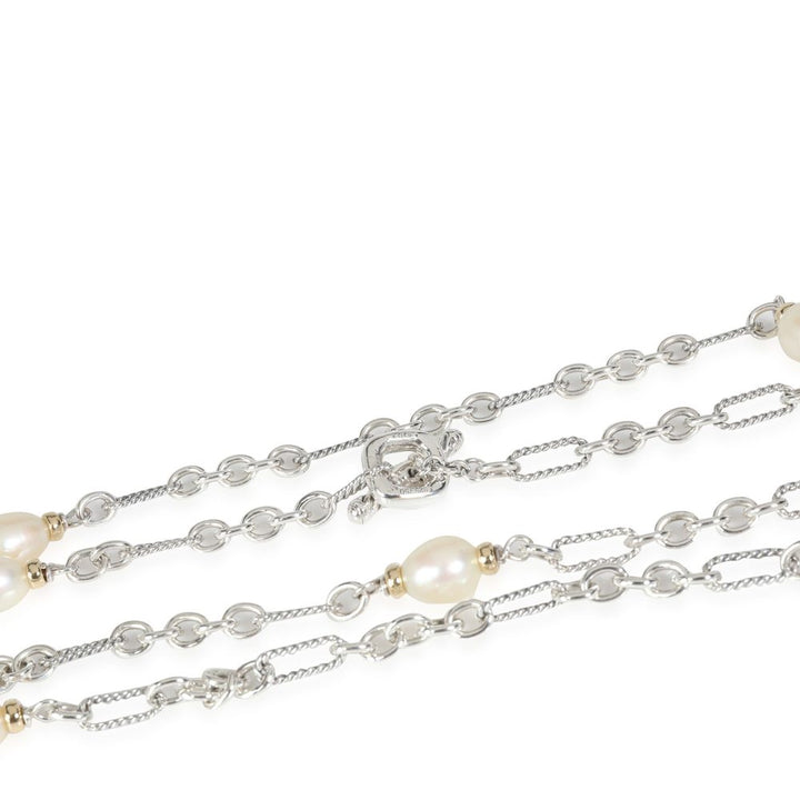 D.Y STERLING SILVER &amp; 18K GOLD FIGARO BAROQUE PEARL STATION LINK NECKLACE