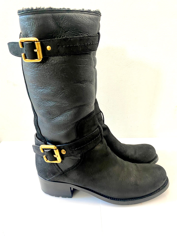 DIOR NUBUCK AND LEATHER BUCKLE STRAP MID CALF BOOTS