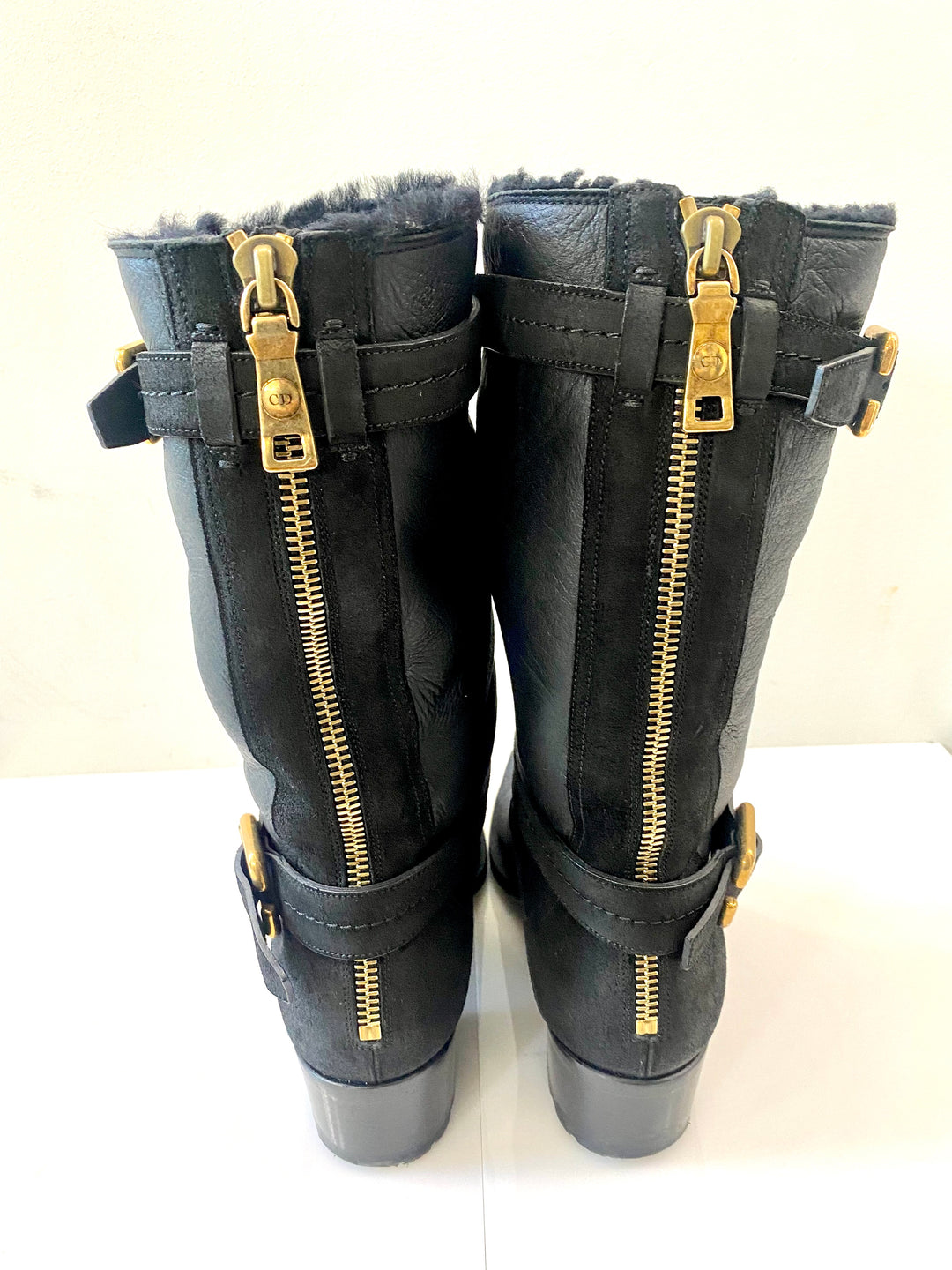 DIOR NUBUCK AND LEATHER BUCKLE STRAP MID CALF BOOTS