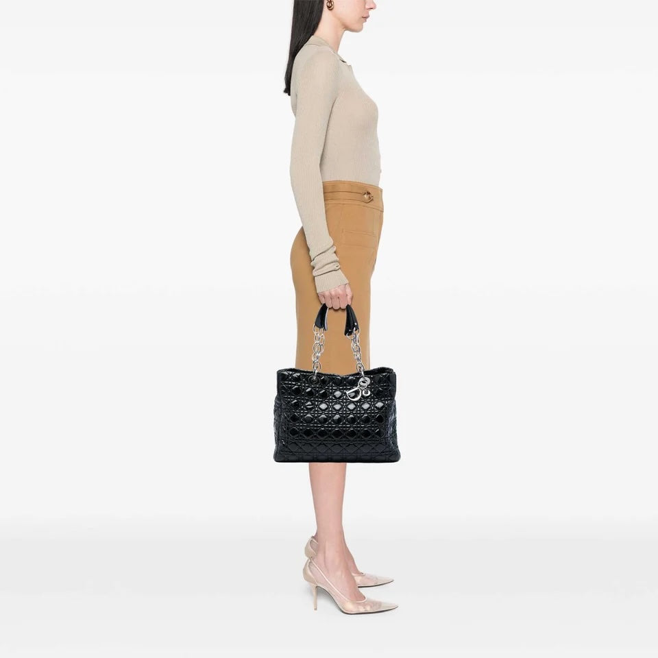 DIOR CANNAGE LARGE LADY DIOR SOFT PATENT LEATHER SHOPPING TOTE BAG