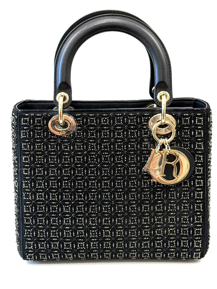 DIOR LADY DIOR CANNAGE SUEDE &amp; LAMBSKIN BEADED SMALL HANDBAG