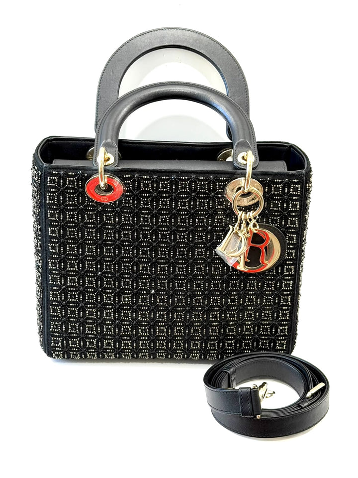 DIOR LADY DIOR CANNAGE SUEDE &amp; LAMBSKIN BEADED SMALL HANDBAG