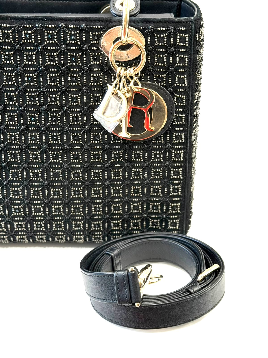 DIOR LADY DIOR CANNAGE SUEDE &amp; LAMBSKIN BEADED SMALL HANDBAG