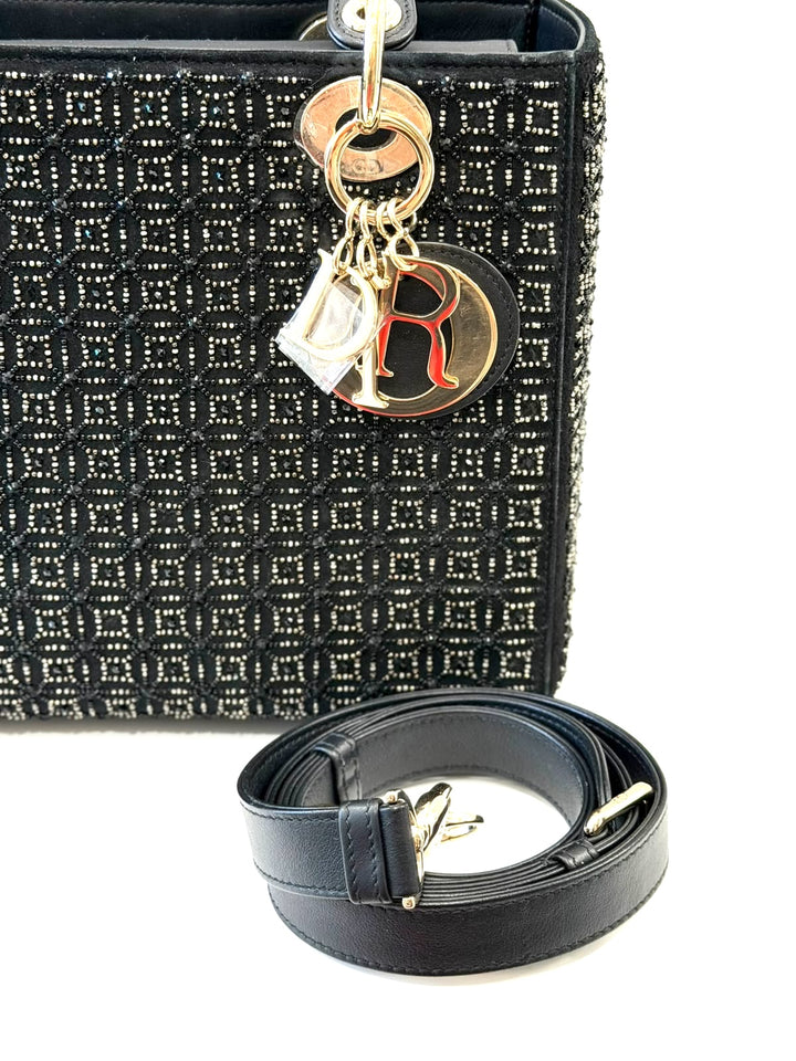 DIOR LADY DIOR CANNAGE SUEDE &amp; LAMBSKIN BEADED SMALL HANDBAG
