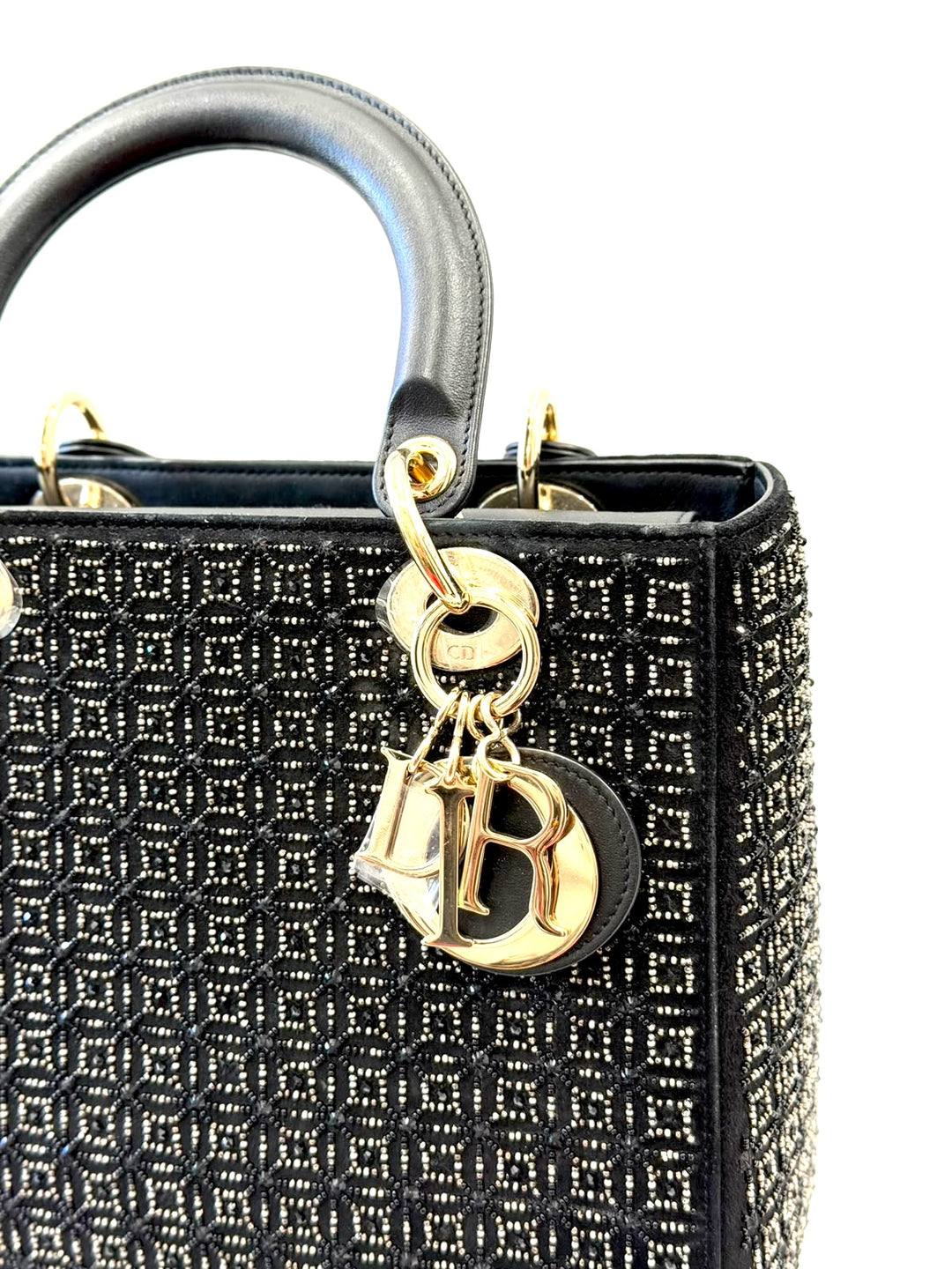 DIOR LADY DIOR CANNAGE SUEDE &amp; LAMBSKIN BEADED SMALL HANDBAG