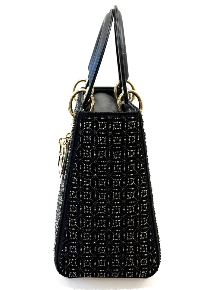DIOR LADY DIOR CANNAGE SUEDE &amp; LAMBSKIN BEADED SMALL HANDBAG