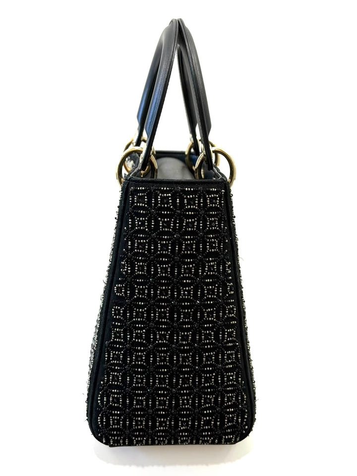 DIOR LADY DIOR CANNAGE SUEDE &amp; LAMBSKIN BEADED SMALL HANDBAG