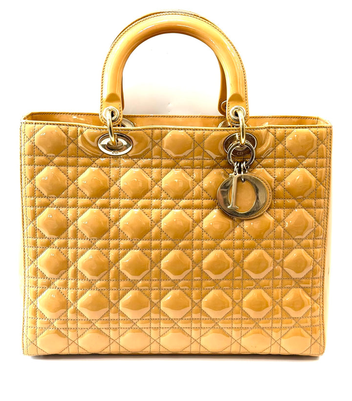 DIOR LADY DIOR CANNAGE PATENT CALF LEATHER LARGE TOTE BAG
