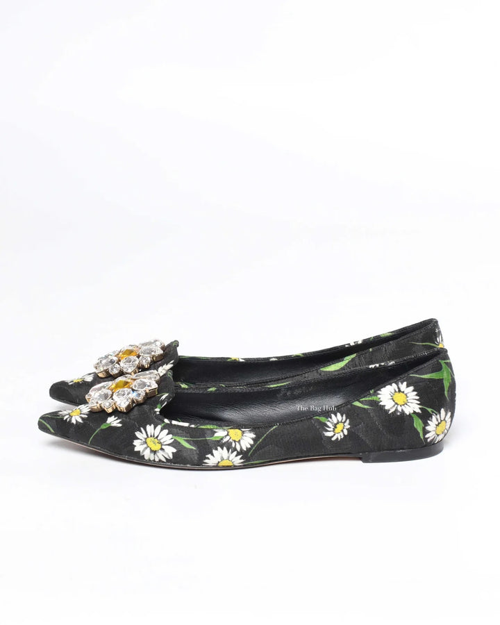 DOLCE &amp; GABBANA FLORAL PRINT BROCADE CRYSTAL EMBELLISHED FLATS