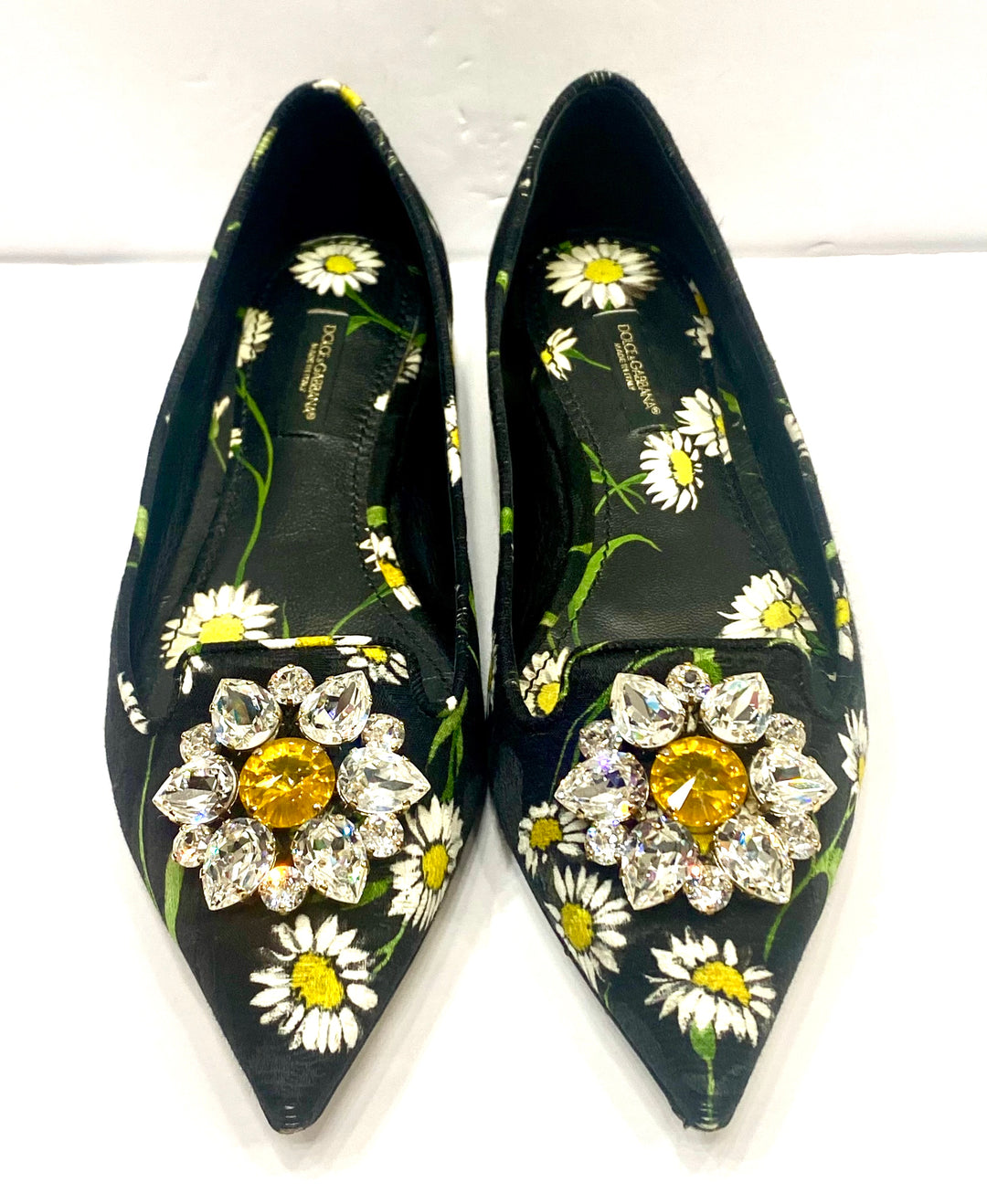 DOLCE &amp; GABBANA FLORAL PRINT BROCADE CRYSTAL EMBELLISHED FLATS