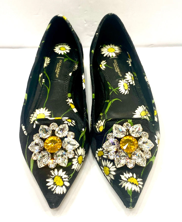 DOLCE &amp; GABBANA FLORAL PRINT BROCADE CRYSTAL EMBELLISHED FLATS