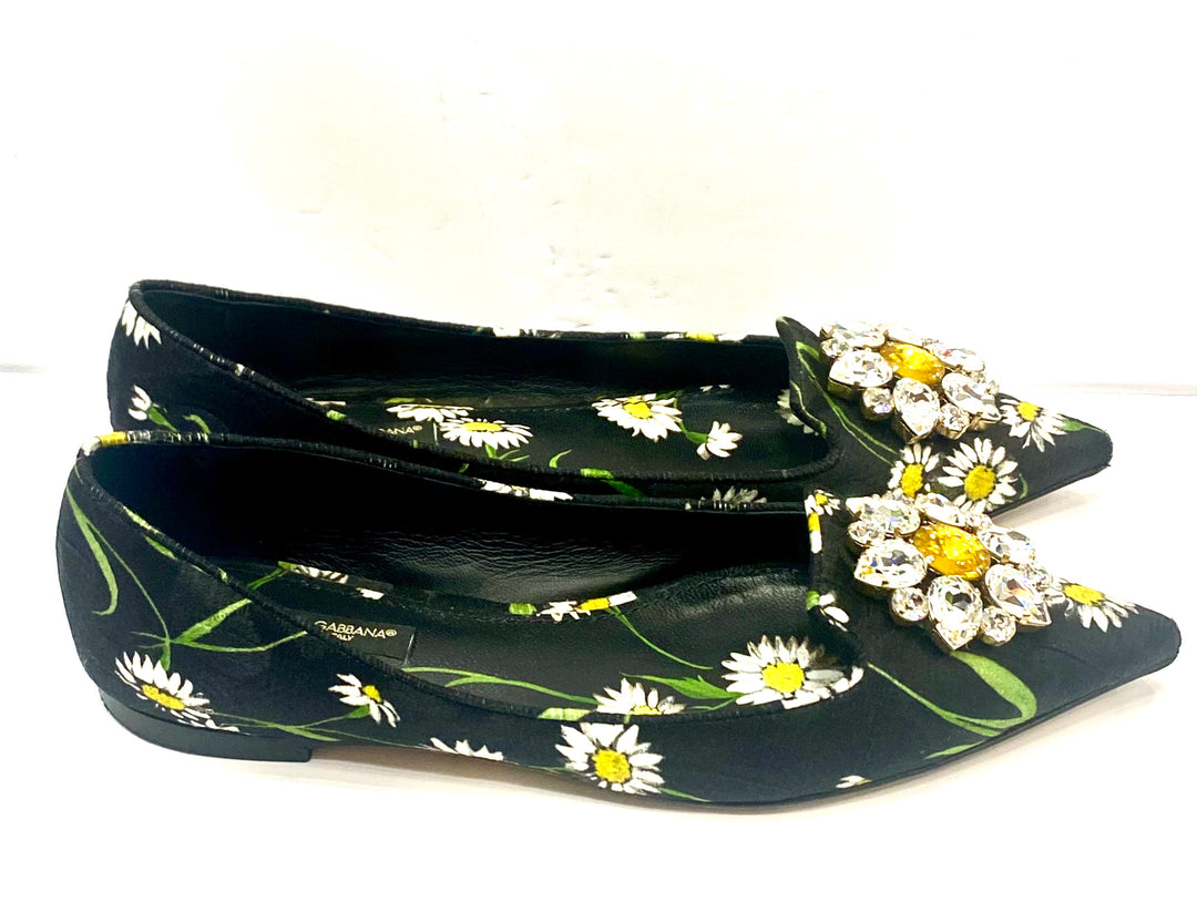 DOLCE &amp; GABBANA FLORAL PRINT BROCADE CRYSTAL EMBELLISHED FLATS