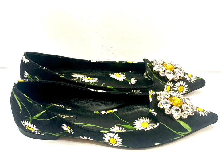DOLCE &amp; GABBANA FLORAL PRINT BROCADE CRYSTAL EMBELLISHED FLATS