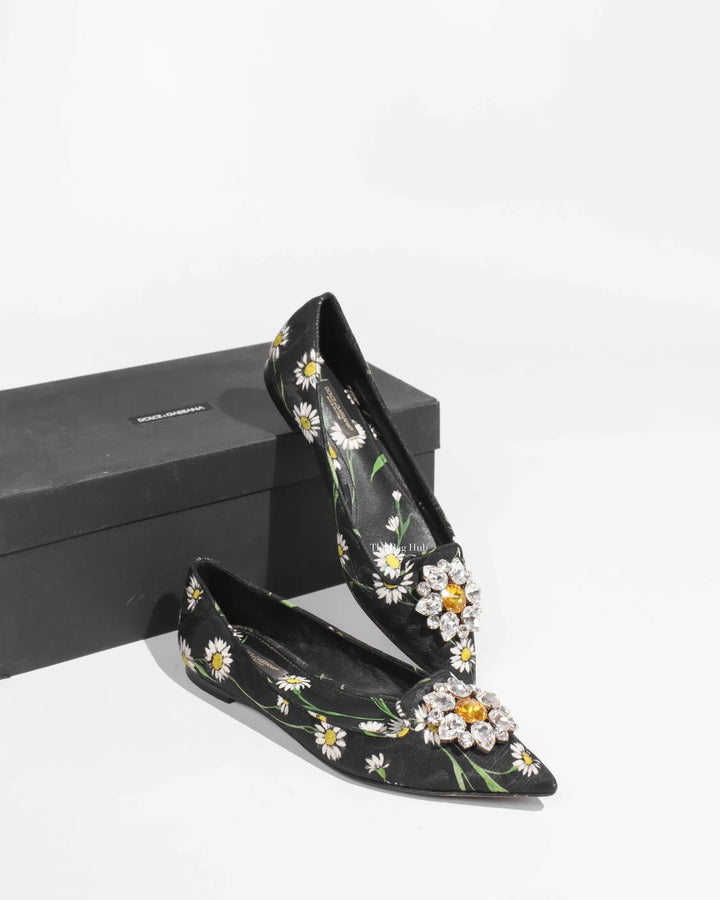 DOLCE &amp; GABBANA FLORAL PRINT BROCADE CRYSTAL EMBELLISHED FLATS