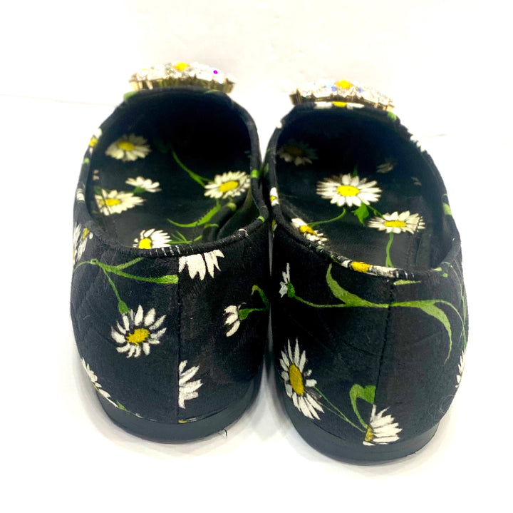 DOLCE &amp; GABBANA FLORAL PRINT BROCADE CRYSTAL EMBELLISHED FLATS