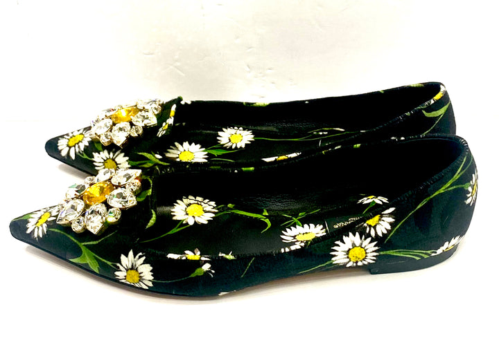 DOLCE &amp; GABBANA FLORAL PRINT BROCADE CRYSTAL EMBELLISHED FLATS